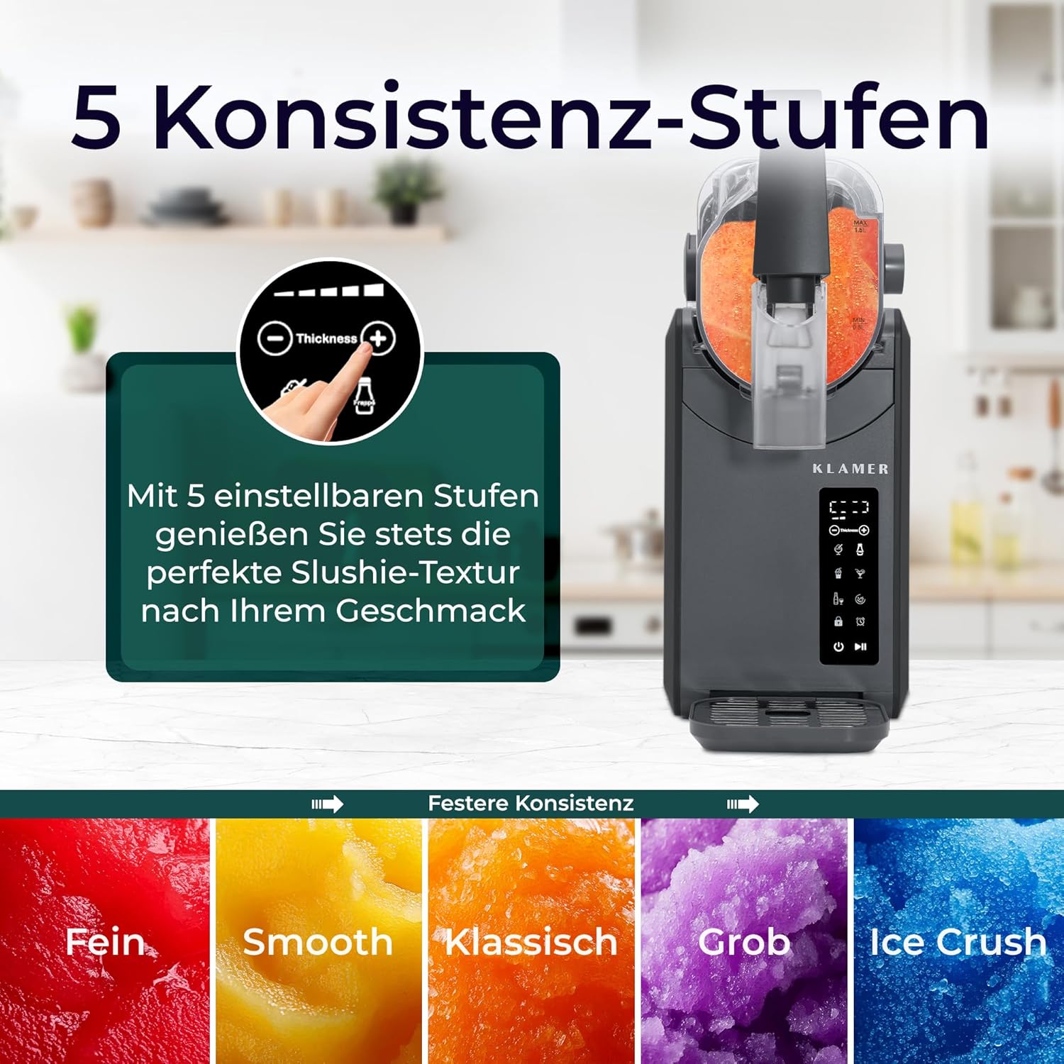 KLAMER Slush Maschine, mit 5 voreingestellten Programmen: Slushie, Cocktail, Milchshake, Frappé, Wein, Automatische Reinigung, 2L Fassungsvolumen, Turbo Freeze, kein Eis erforderlich