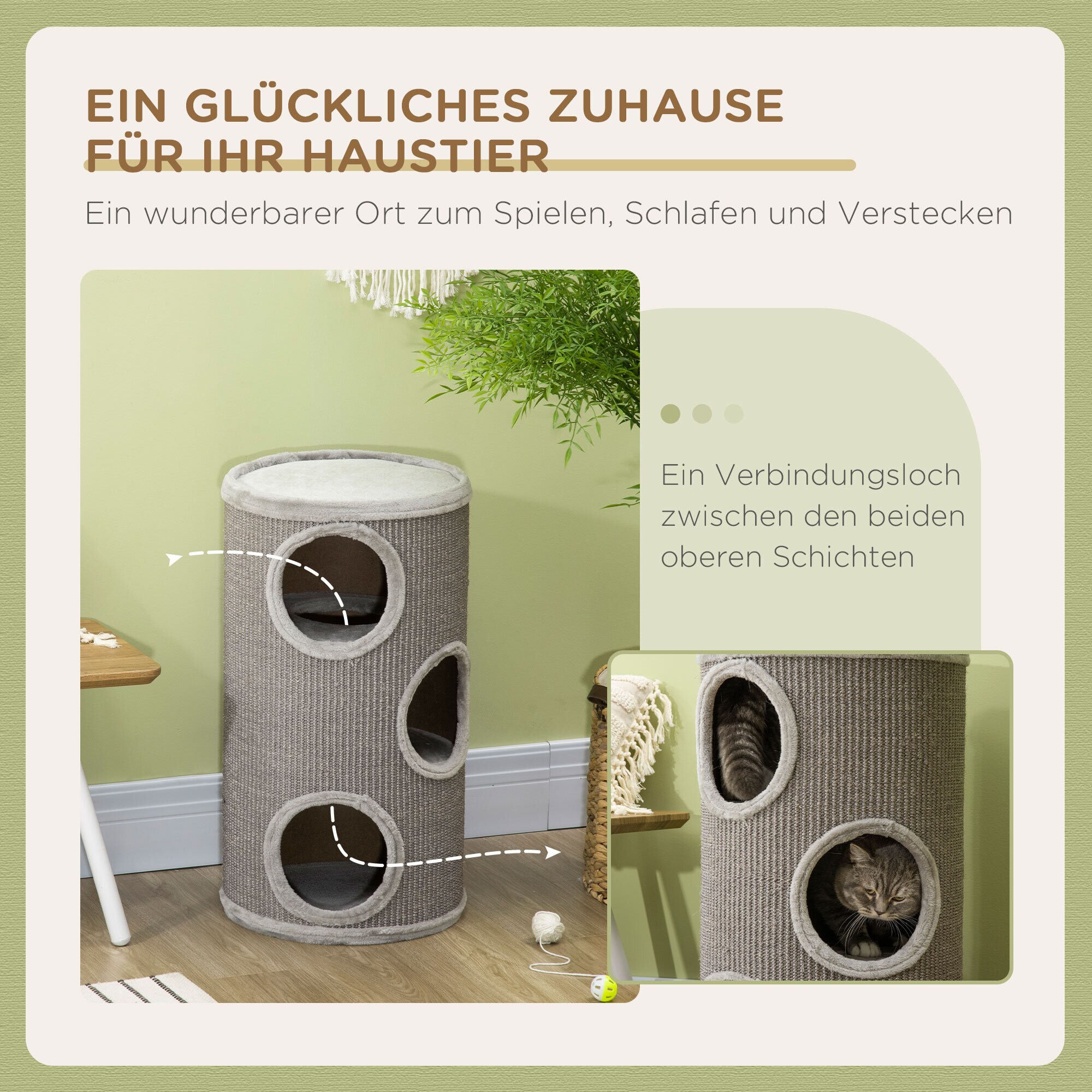 PawHut Kratztonne mit 3 Höhlen grau 38L x 38B x 70H cm