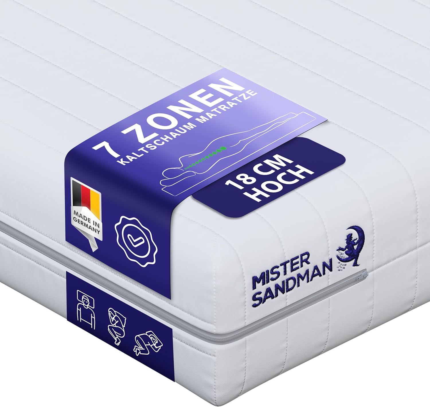 Mister Sandman Matratze, Höhe 18 cm Kaltschaummatratze, Orthopädische 7 Liegezonen Bequeme Rollmatratze für alle Schlafpositionen mit Matratzenbezug Waschbar (160x190, H2)