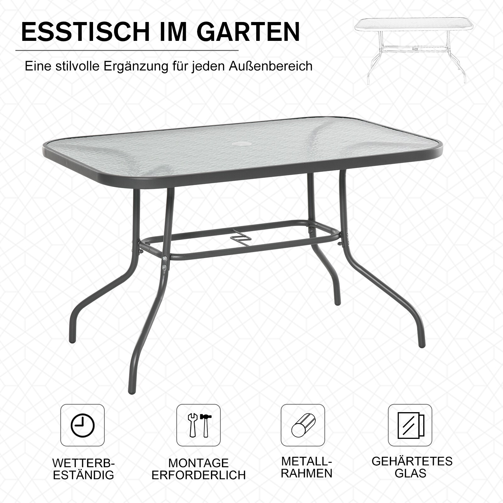 Outsunny Gartentisch mit Schirmloch carbongrau 120 x 80 x 70 cm (LxBxH)