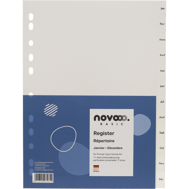 novooo Register Basic, weiss, französisch, A4, Jan-Déc