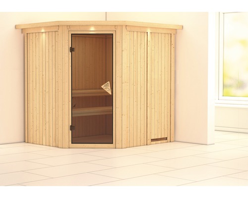 Plug & Play Sauna Karibu Achat VII zonder kachel, met dakkroon en gebronsde volledig glazen deur
