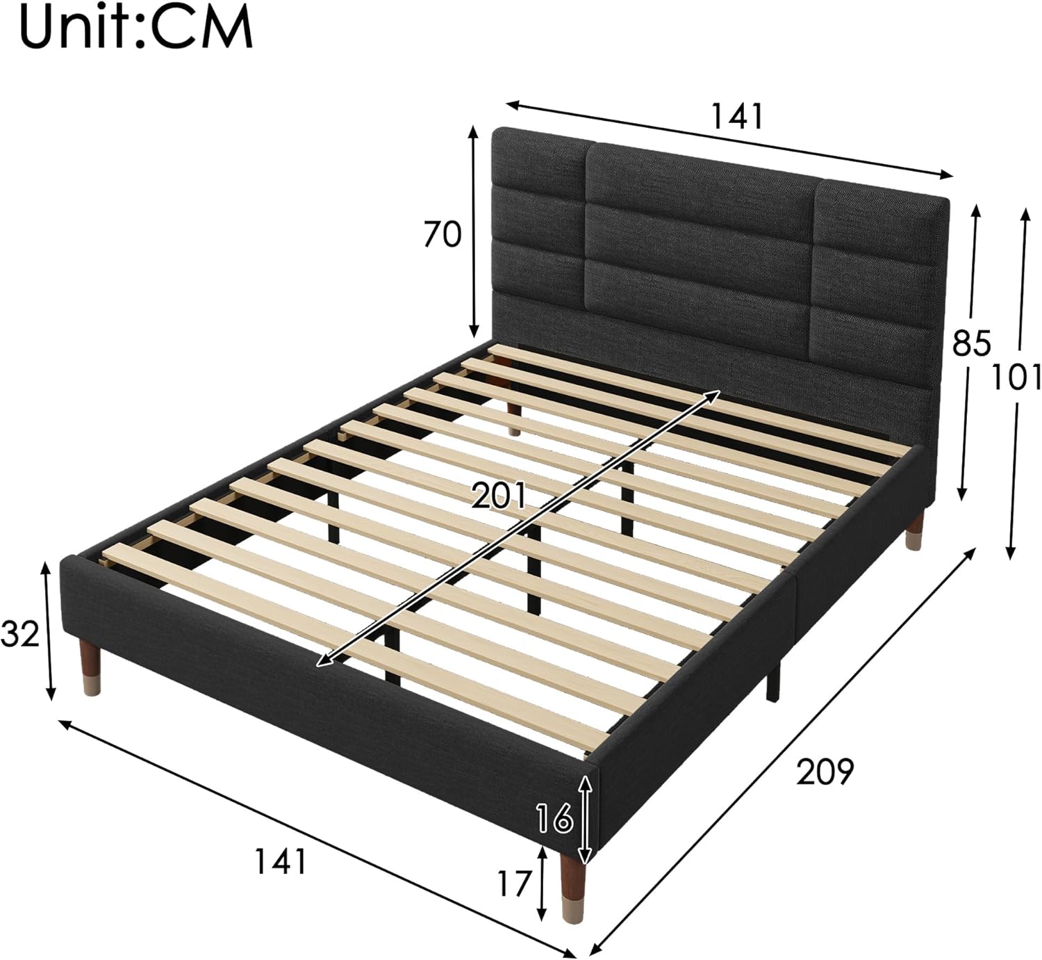 Merax Polsterbett 140x200 cm, Doppelbett, Bett mit Bettkasten Lattenrost, Gepolstertes Bettgestell mit Kopfteil, in Schwarz Leinen, für Erwachsene&Jugendliche(Matratze Nicht enthalten) PC9597831