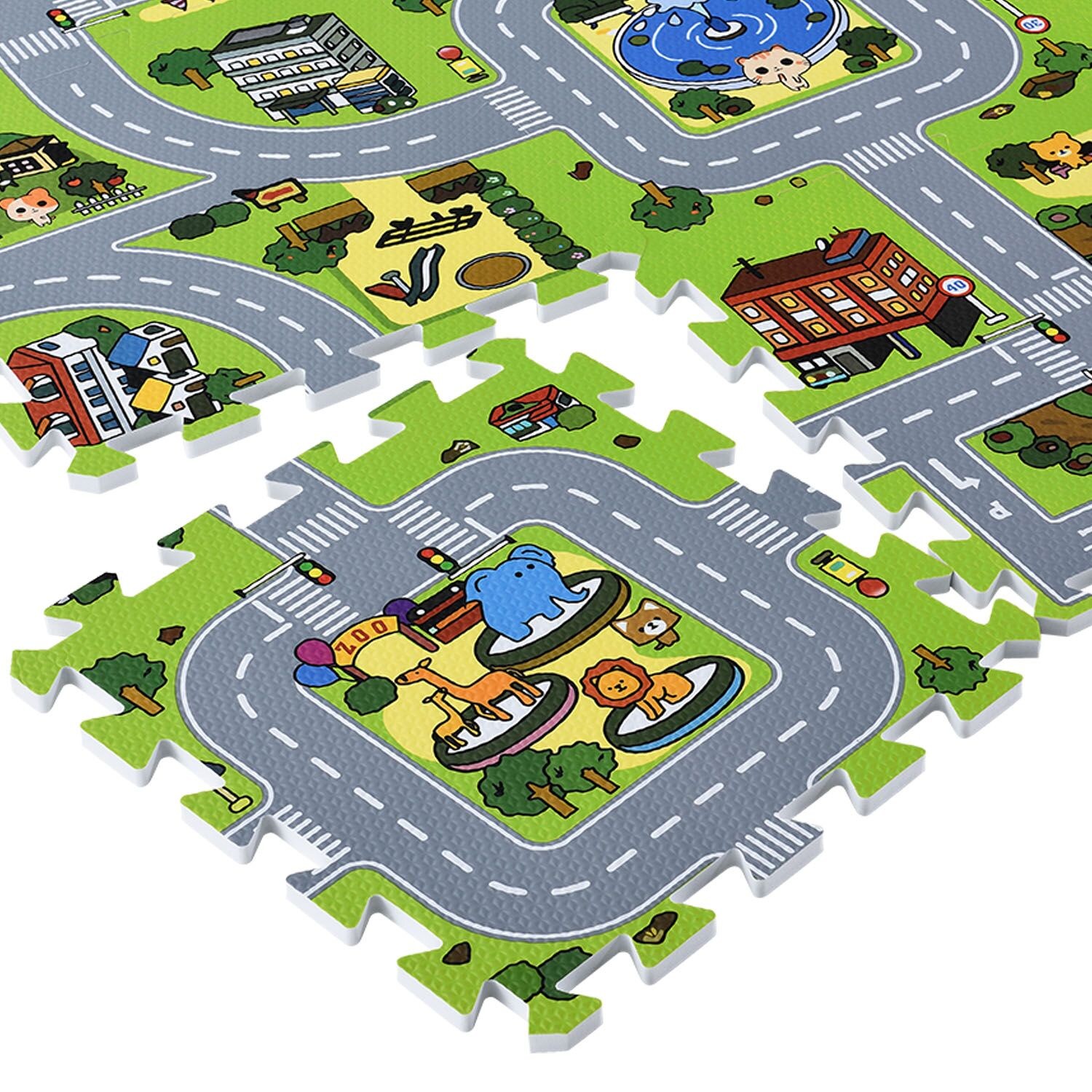 Juskys Kinder Puzzlematte Jascha 9 Teile - Stadt & Straßen – rutschfest – Spielmatte ab 10 Monate