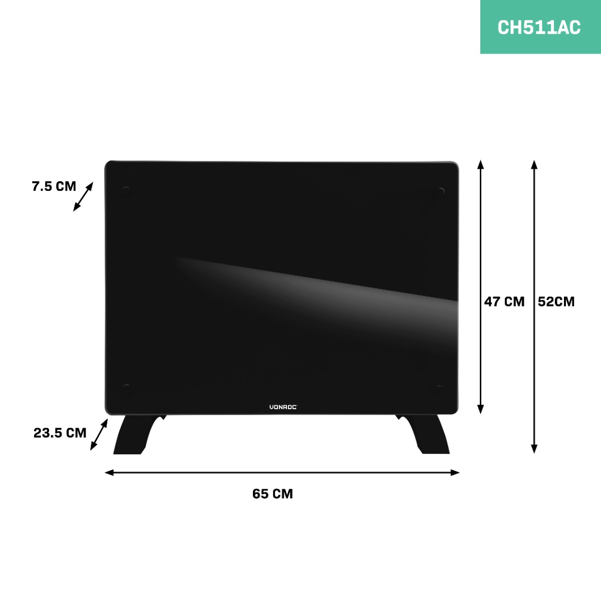 Vonroc 1500 watt convector kachel met glazen paneel - Black