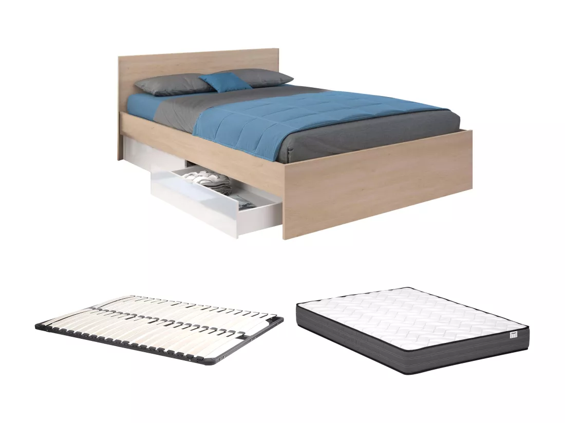 Lit avec 2 tiroirs 160 x 200 cm - Coloris : Naturel et blanc brillant + Sommier + Matelas - VELONA