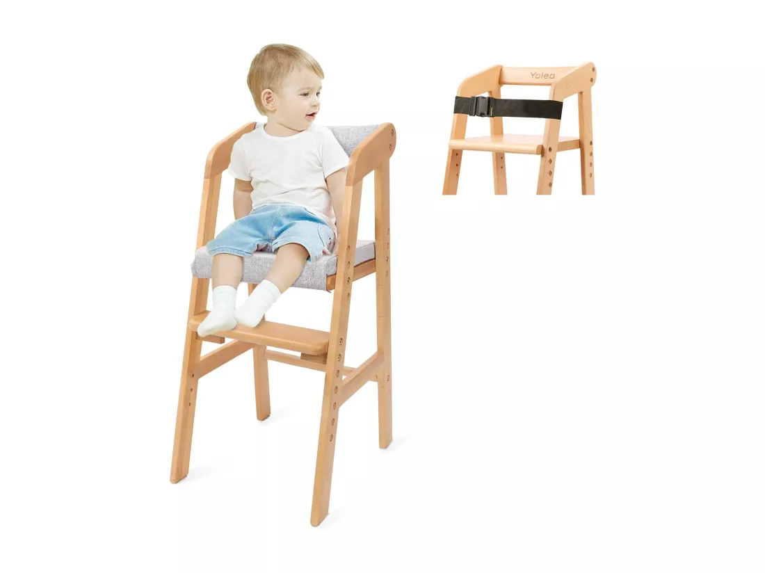 YOLEO Chaise Haute pour bébé Evolutive avec Coussin,Chaise Enfant Réglable,en Bois de hêtre de haute qualité,Avec ceintures de sécurité,Marron
