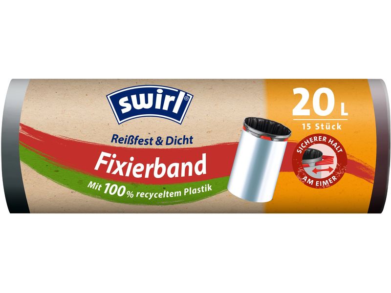 Swirl Müllbeutel mit Fixierband 20 l, 15 Stück Müllbeutel mit elastischem Zugband und 20 Liter Fassungsvermögen