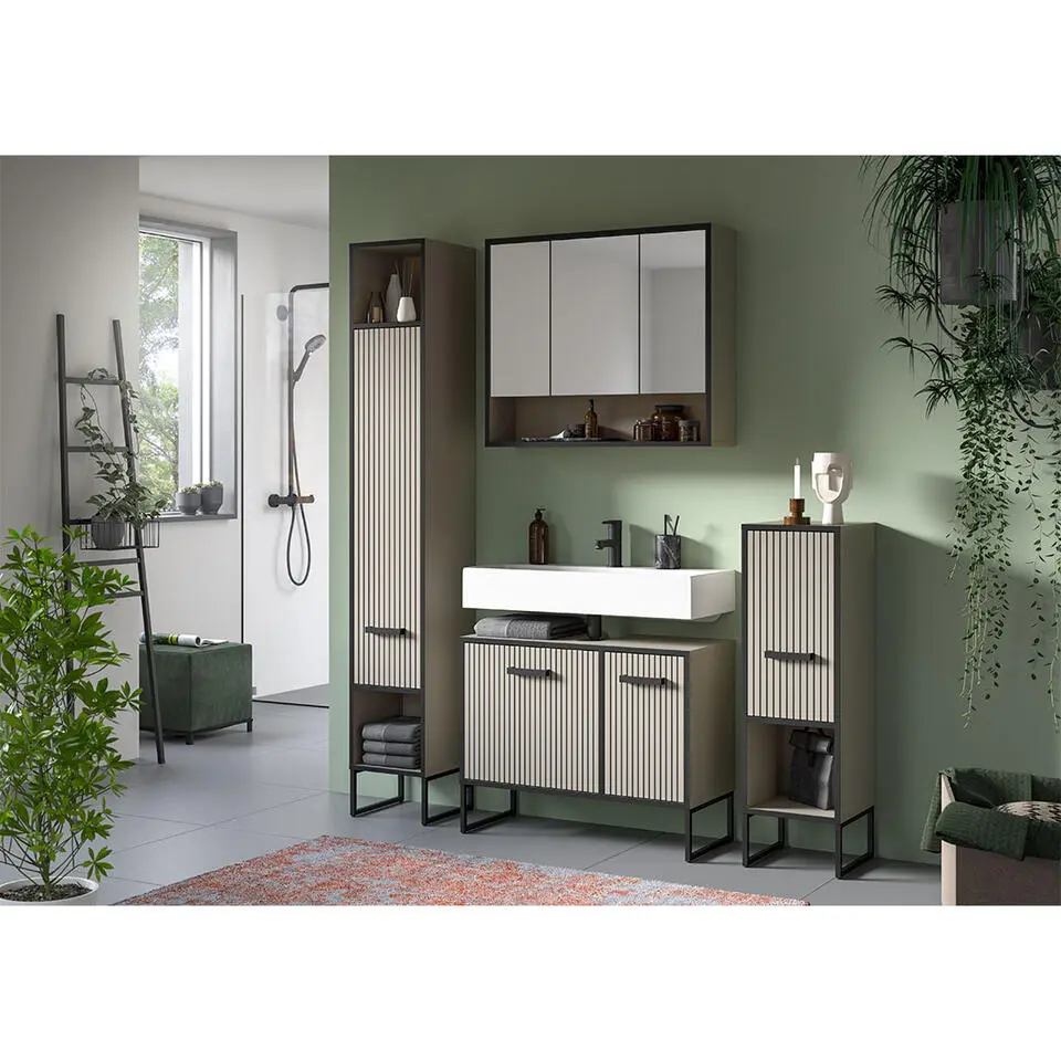 Hioshop Bagno kolomkast 1 deur 2 vakken lichtgrijs- crèmekleurig