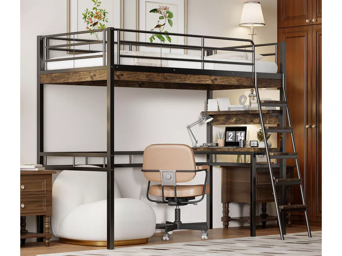 Lit mezzanine 90x200cm - avec bureau + étagères + barrières - Noir