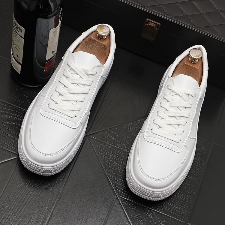 Mr Ozera - Platform Plain Lace-Up Faux Leather Sneakers