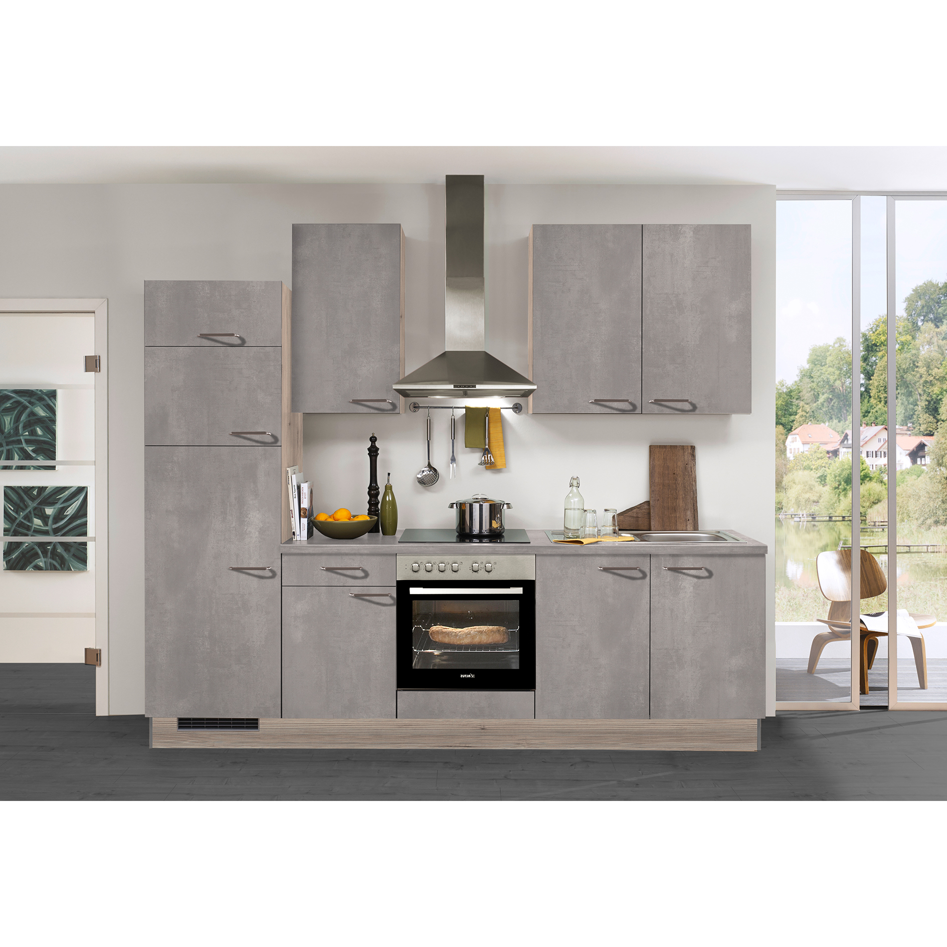 Küchenblock PN100 - Beton Perlgrau - Tanne Clay - mit E-Geräten - Kühlschrank links - 270 cm