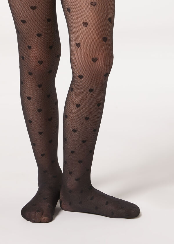 Meia-calça transparente infantil com estampa de diamantes e corações, 30 denier.