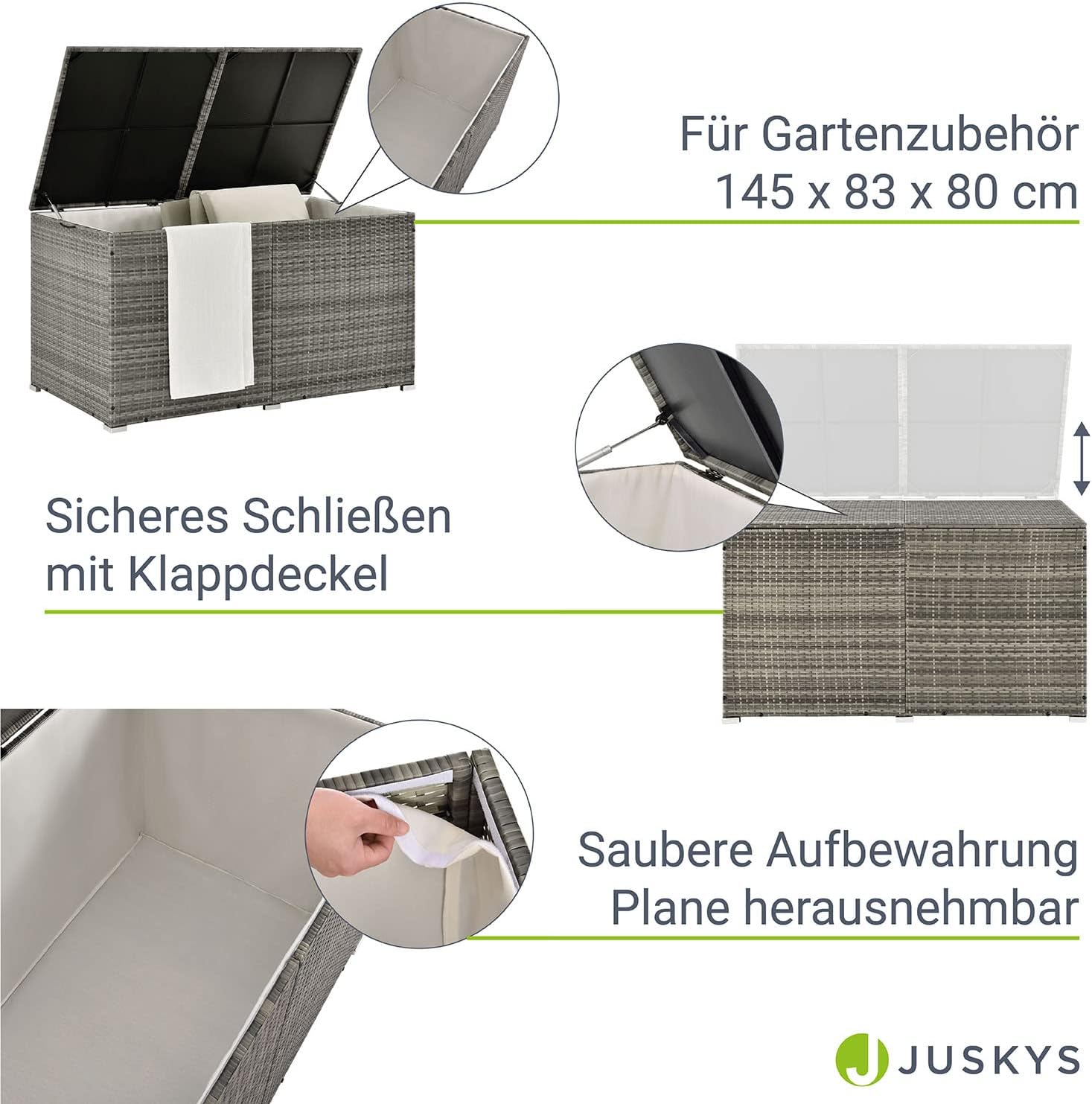 Juskys Polyrattan Auflagenbox Ikaria 950 L inkl. Deckel mit Hubautomatik & Innenplane - Kissenbox 145 x 82 x 79 cm für Garten - Gartenbox grau-meliert