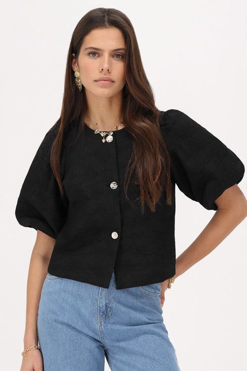 Zwarte jacquard top met pofmouwen