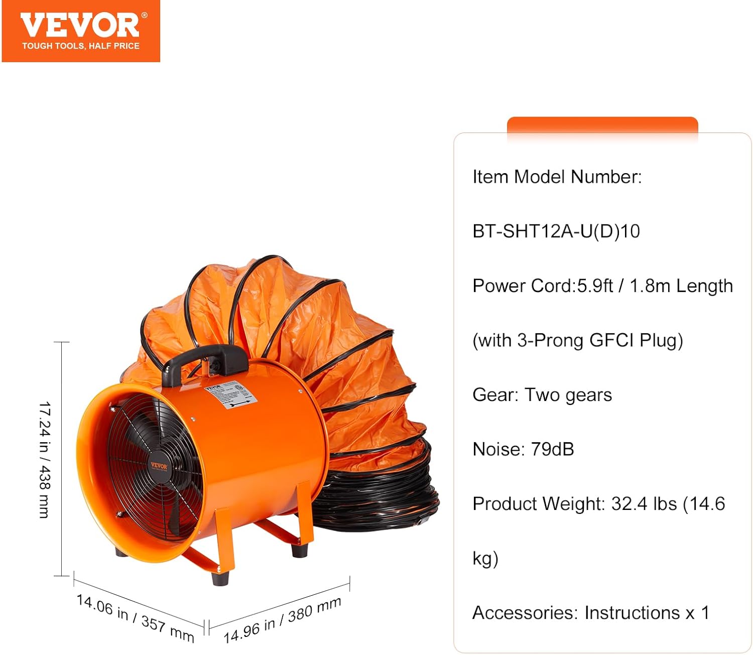 VEVOR Bauventilator 365-W-AC-Motor Baugebläse 2810 U/min Baulüfter Gebläse 1214 L/s (2574 CFM) Axiallüfter 10 m Schlauch Axialgebläse 79 dB Geräuschpegel Industrielüfter IP44