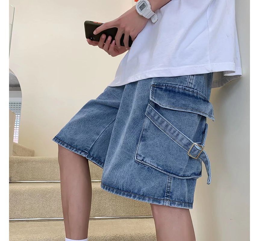 DuckleBeam - Mid Rise Washed Denim Cargo Shorts