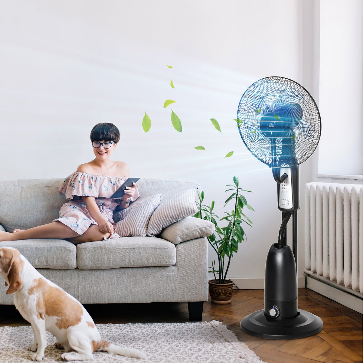 HOMCOM Staande ventilator met 2,8 liter waterkoeling, 90 W ventilator met timerfunctie, 3 standen met nevelfunctie, verstelbare kantelhoek, metaal, zwart, 44,5 cm x 44,5 cm x 120 cm