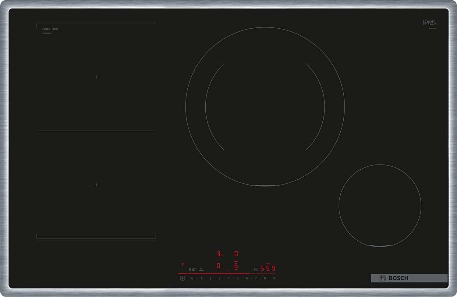 Bosch PVS845HB1E Serie 6 Smartes Induktionskochfeld (autark), 80 cm breit, Kombination zweier Kochzonen, 28 cm große Induktions-Kochzone, Umlaufender Rahmen, Kochfeldbasierte Haubensteuerung