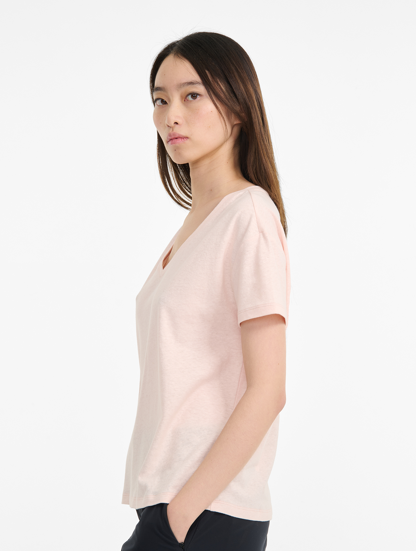 T-shirt col V en coton et lin ANTIQUE ROSE