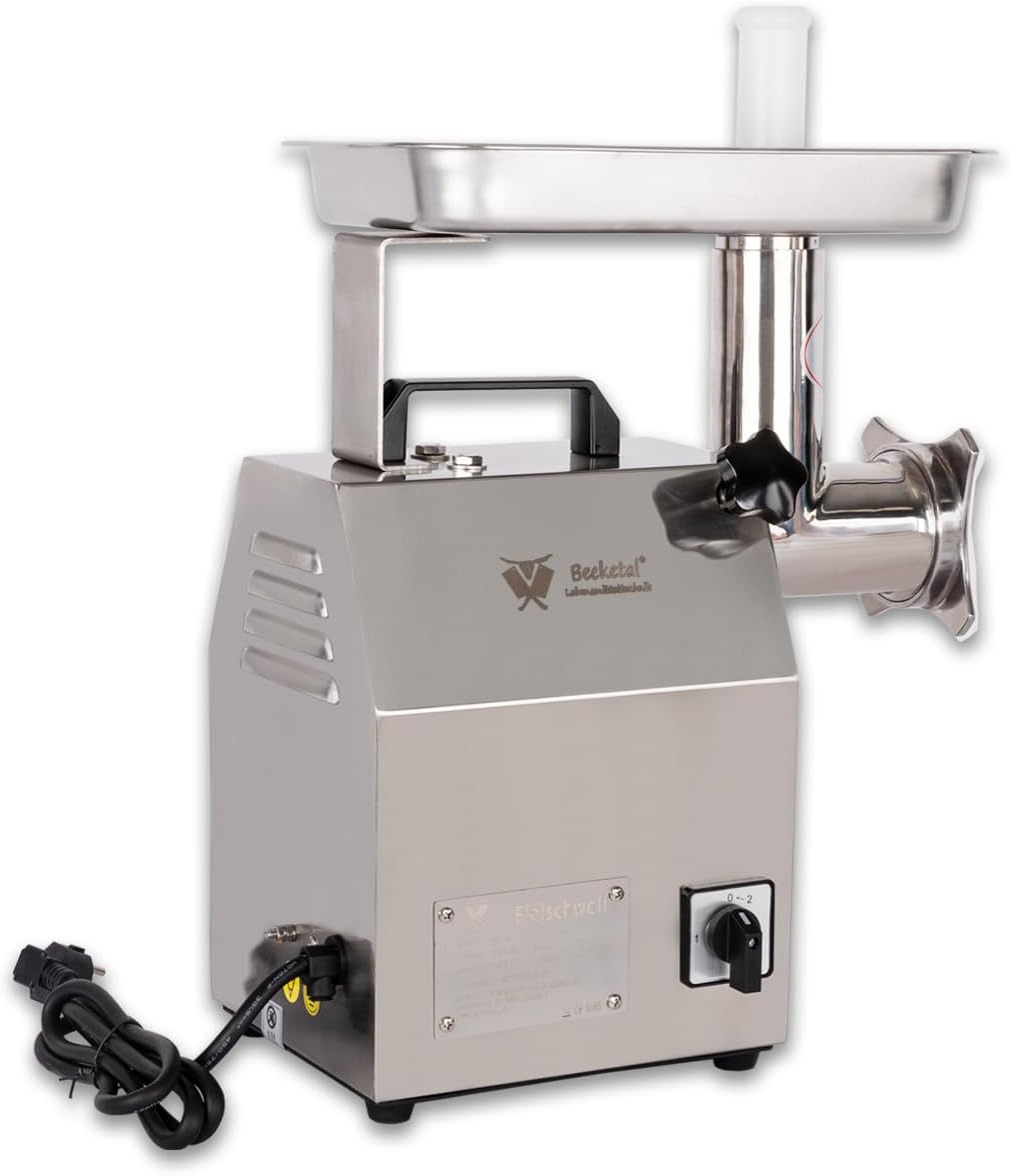 Beeketal 'FW120B' Profi Gastro Edelstahl Fleischwolf mit 120 kg/Std. Durchsatz,800 Watt Motor, 1 Geschwindigkeit, Tragegriff, inkl. 3x Messer, 3x Lochscheiben (3-6-8 mm), Stopfer, Rückwärtsgang