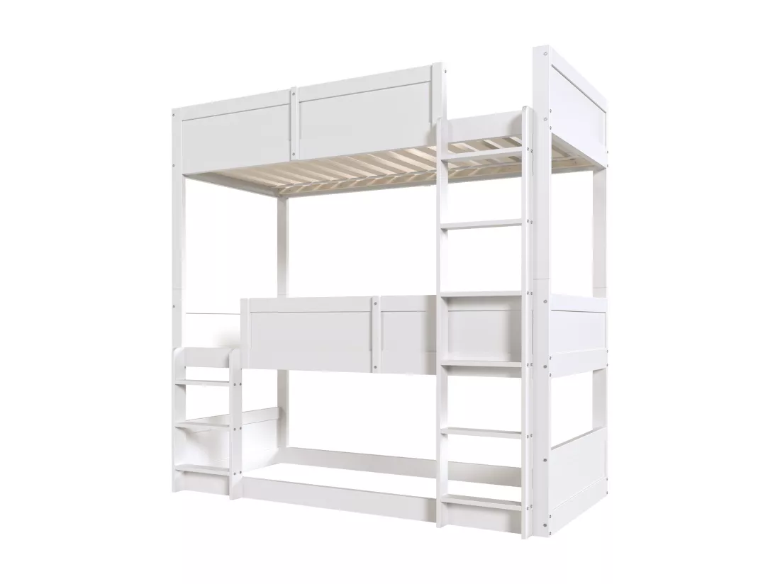 Lit superposé 3x90x200 cm en bois massif - avec 2 sommiers à lattes - Blanc