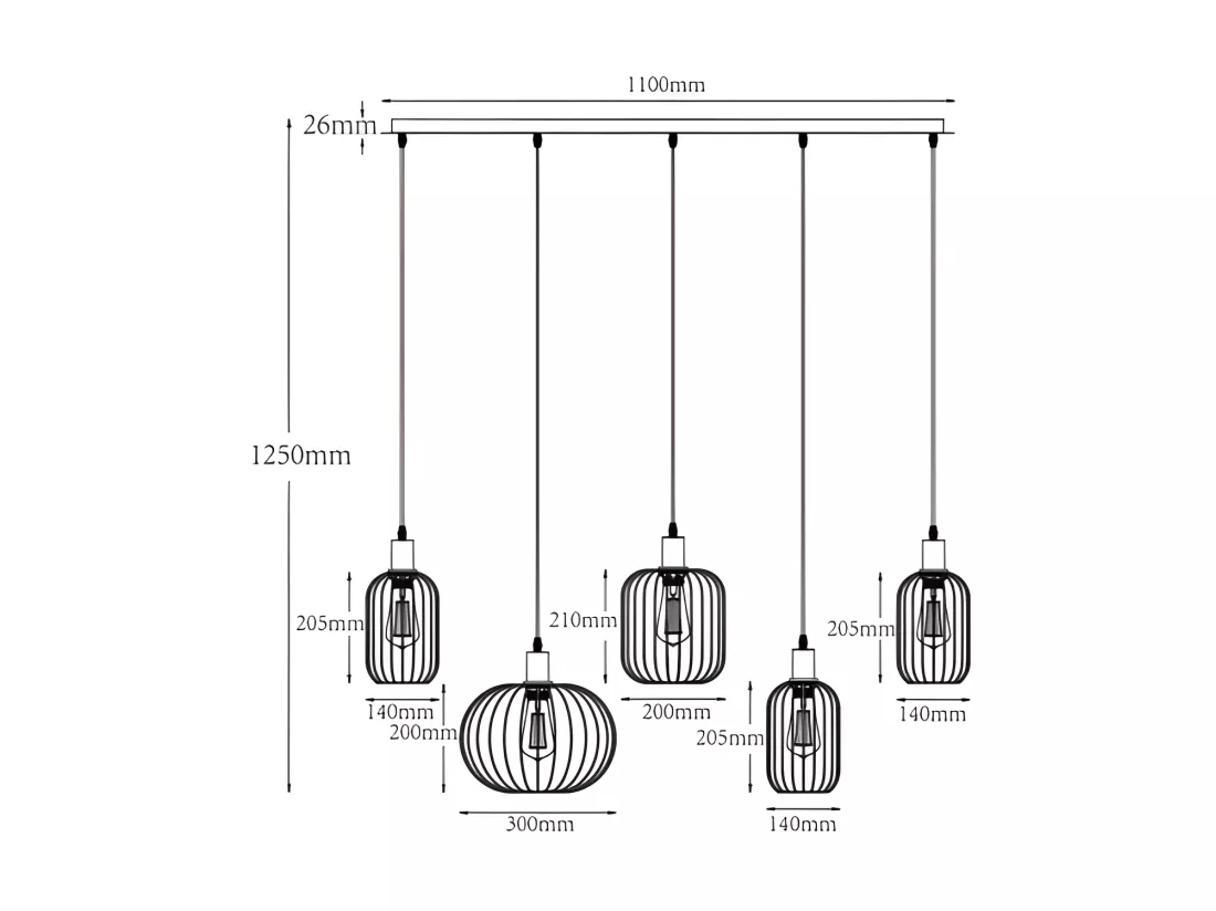 Lustre industriel en métal - 5 abat-jours - L. 110 x H.125 x P. 30 cm - Noir - FATICK