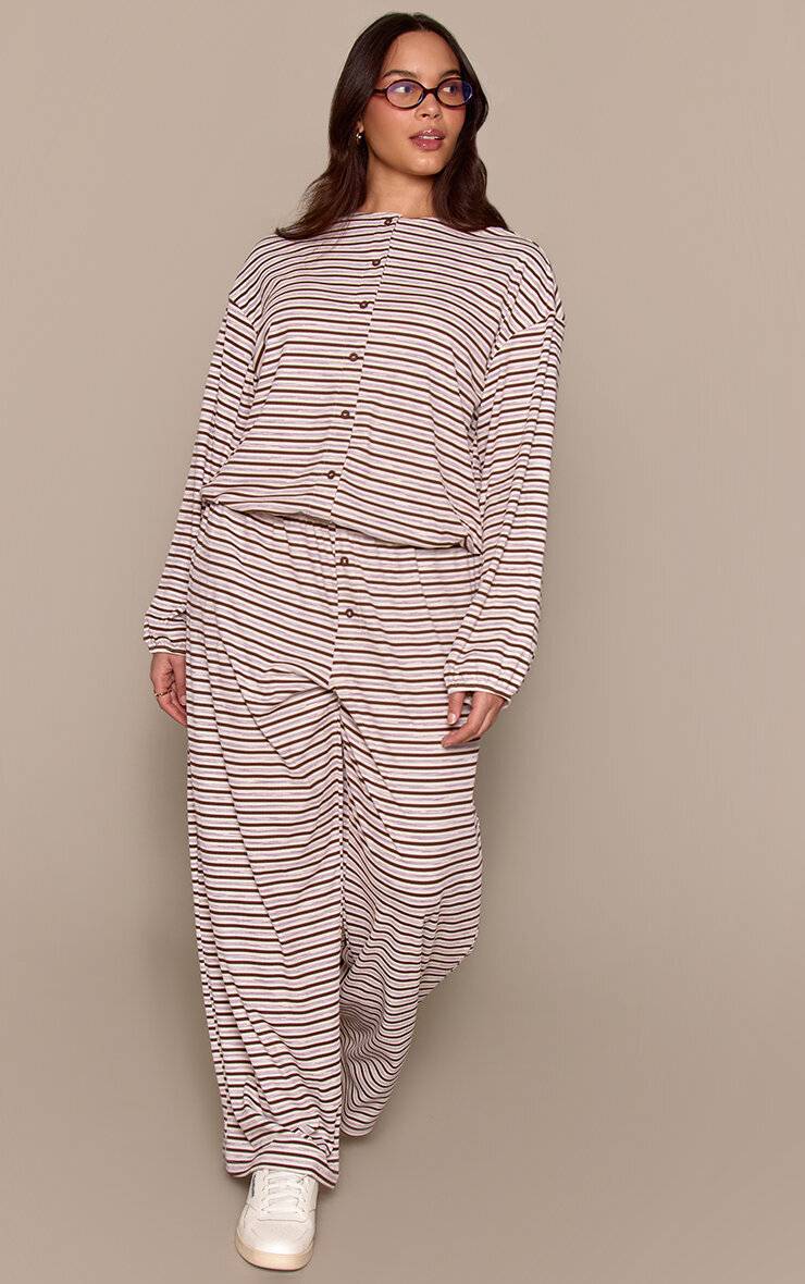 Marron Foncé Pantalon Coordonné Grande Taille Côtelé Doux À Rayures Coupe Décontractée Avec Élastique