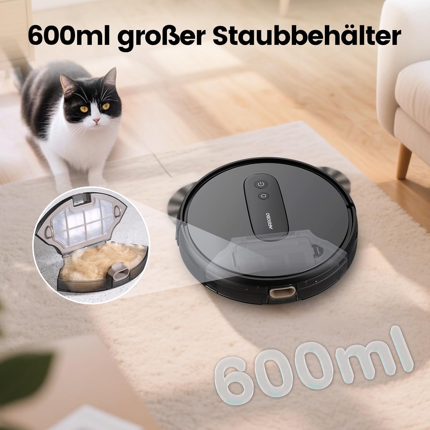 AIRROBO P25 Saugroboter, Staubsauger Roboter 2800 Pa, Schlank und Geräuscharm Roboterstaubsauger für Tierhaare Hartböden Teppich, APP Steuerung, 120Mins Max, Fernbedienung (Schwarz)