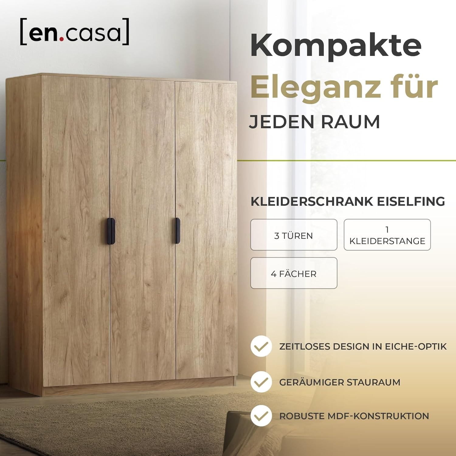[en.casa] Kleiderschrank Eiselfing Schrank mit 3 Türen Garderobenschrank 176 x 120 x 52 cm Schlafzimmerschrank 1 Kleiderstange 4 Fächer Eicheoptik