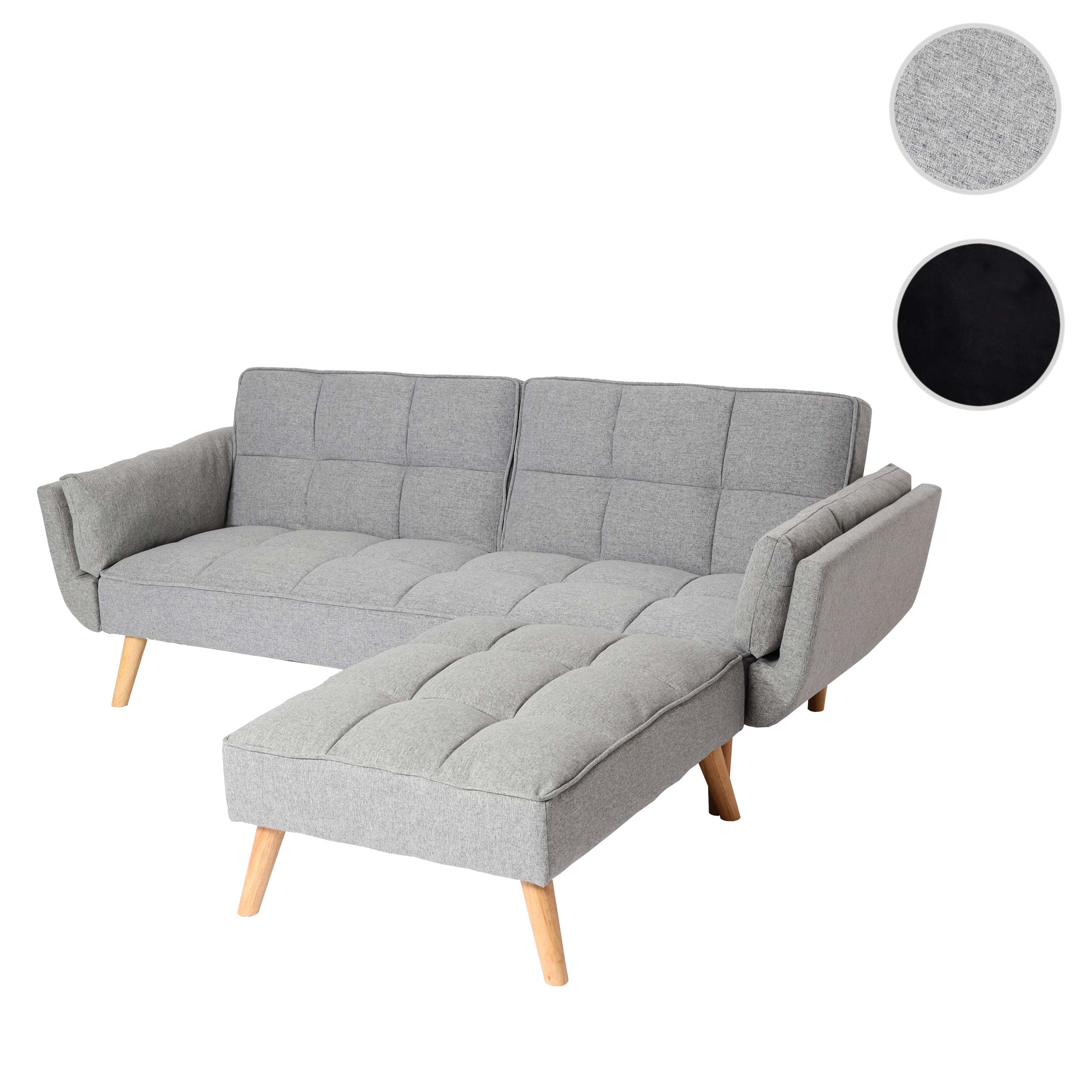 Schlafsofa MCW-K18 mit Ottomane, Couch Sofa Gästebett, Schlaffunktion 218x175cm ~ Stoff/Textil hellgrau