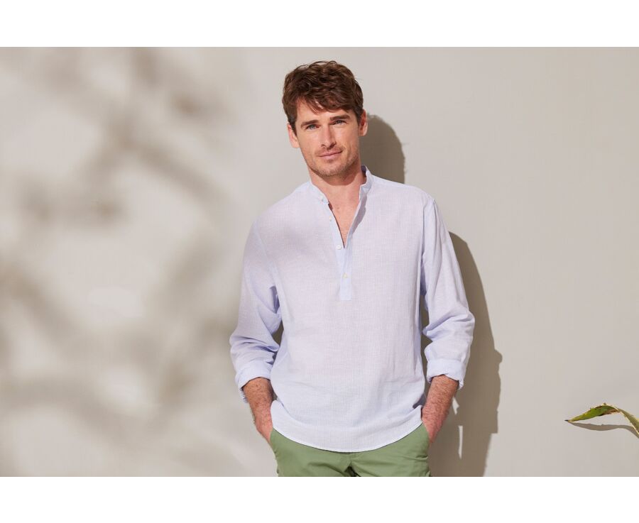 Chemise tunique coton lin à rayures fines bleues et blanches - VALBERT