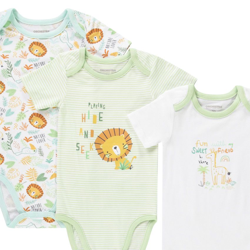 Lot de 5 bodies manches courtes lion pour bébé garçon avec ouvertures différentes selon l'âge - Bleu