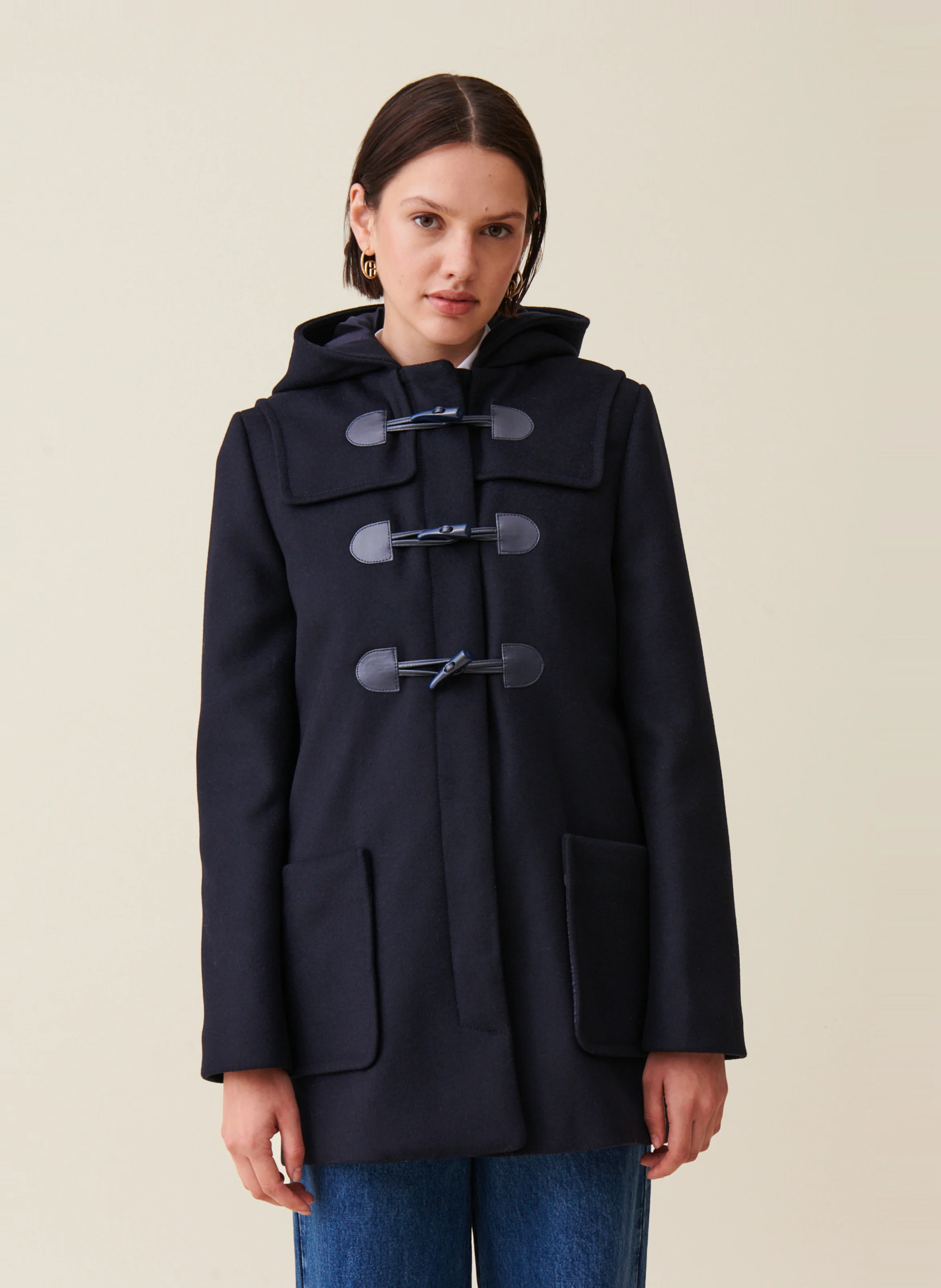 Manteau à capuche droit en laine mélangée | Bleu