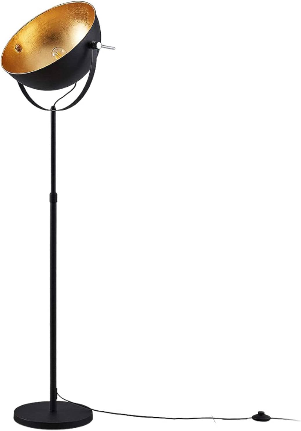 Lindby Stehlampe Schwarz Gold, Stehleuchte Metall mit Fußschalter, Standleuchte Lampenkopf schwenkbar, 1x E27 Fassung max. 60W, ohne Leuchtmittel