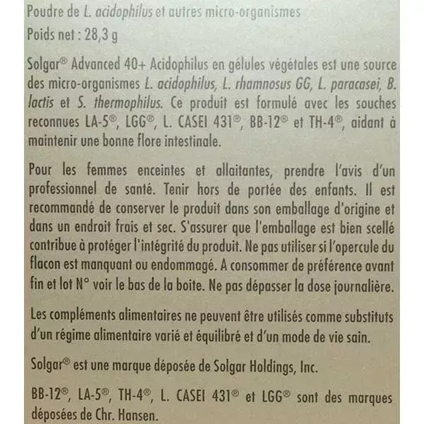 Solgar Advanced 40 Plus Acidophilus 60 gélules végétales