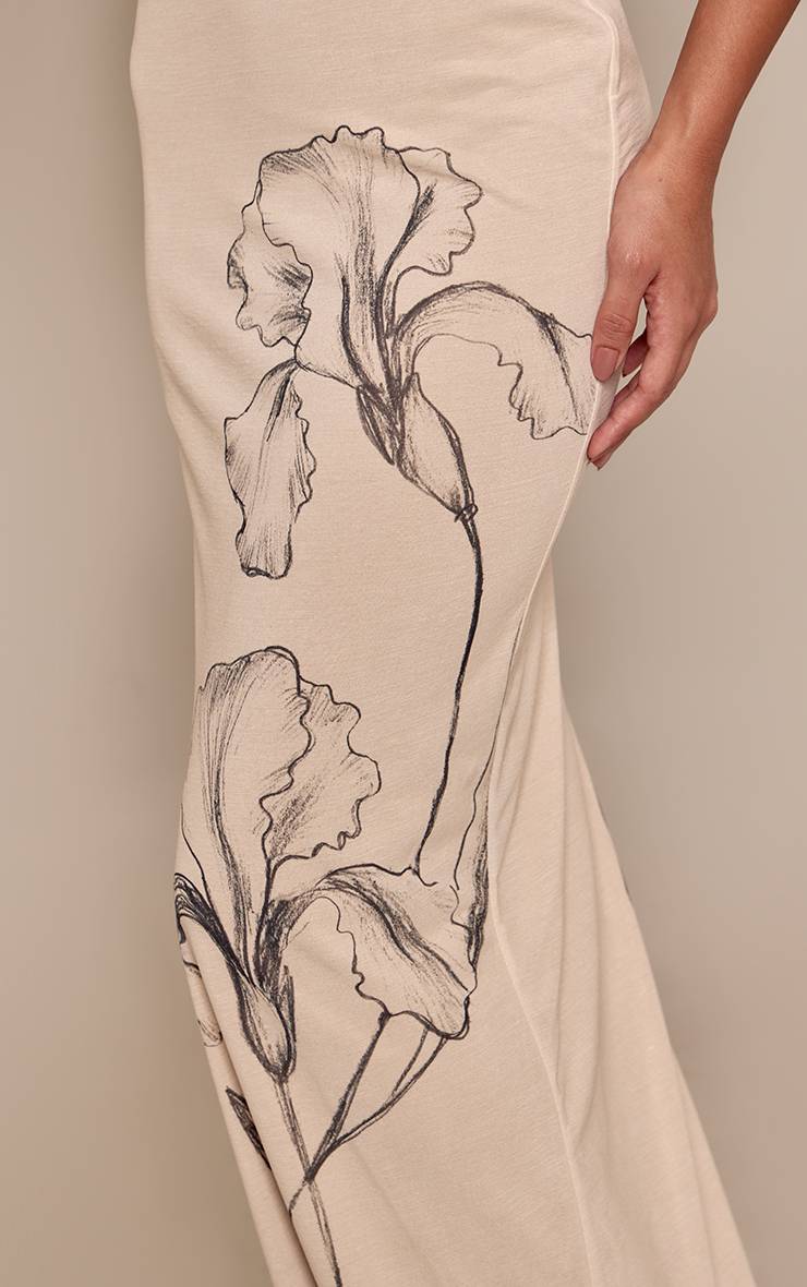 Crème Robe Longue Asymétrique Drapée À Imprimé Floral