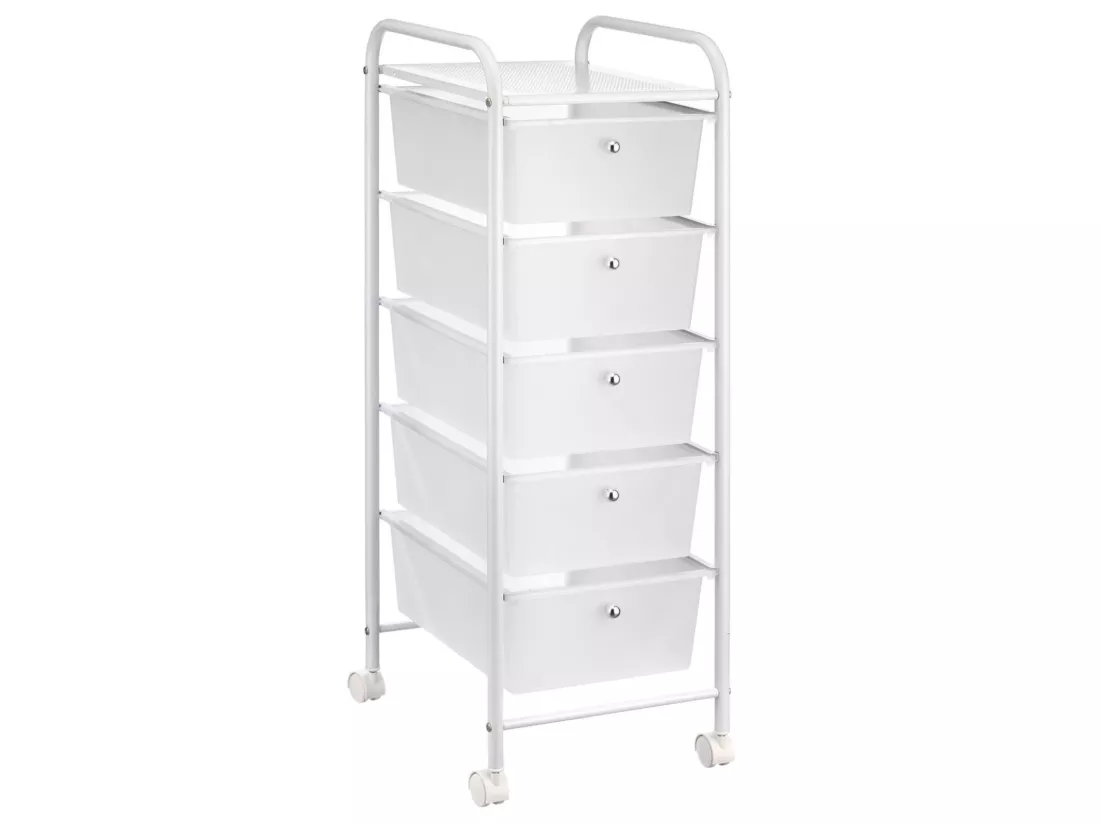 Caisson sur roulettes GINA chariot avec 5 tiroirs en plastique blanc transparent et 1 étagère, rangement salle de bain métal blanc