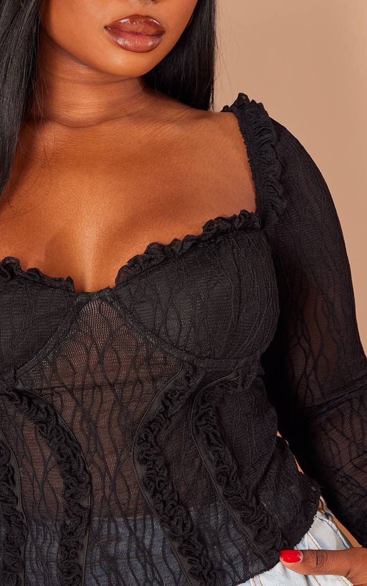 Noir Haut Grande Taille À Manches Longues En Mesh Avec Détails Volantés