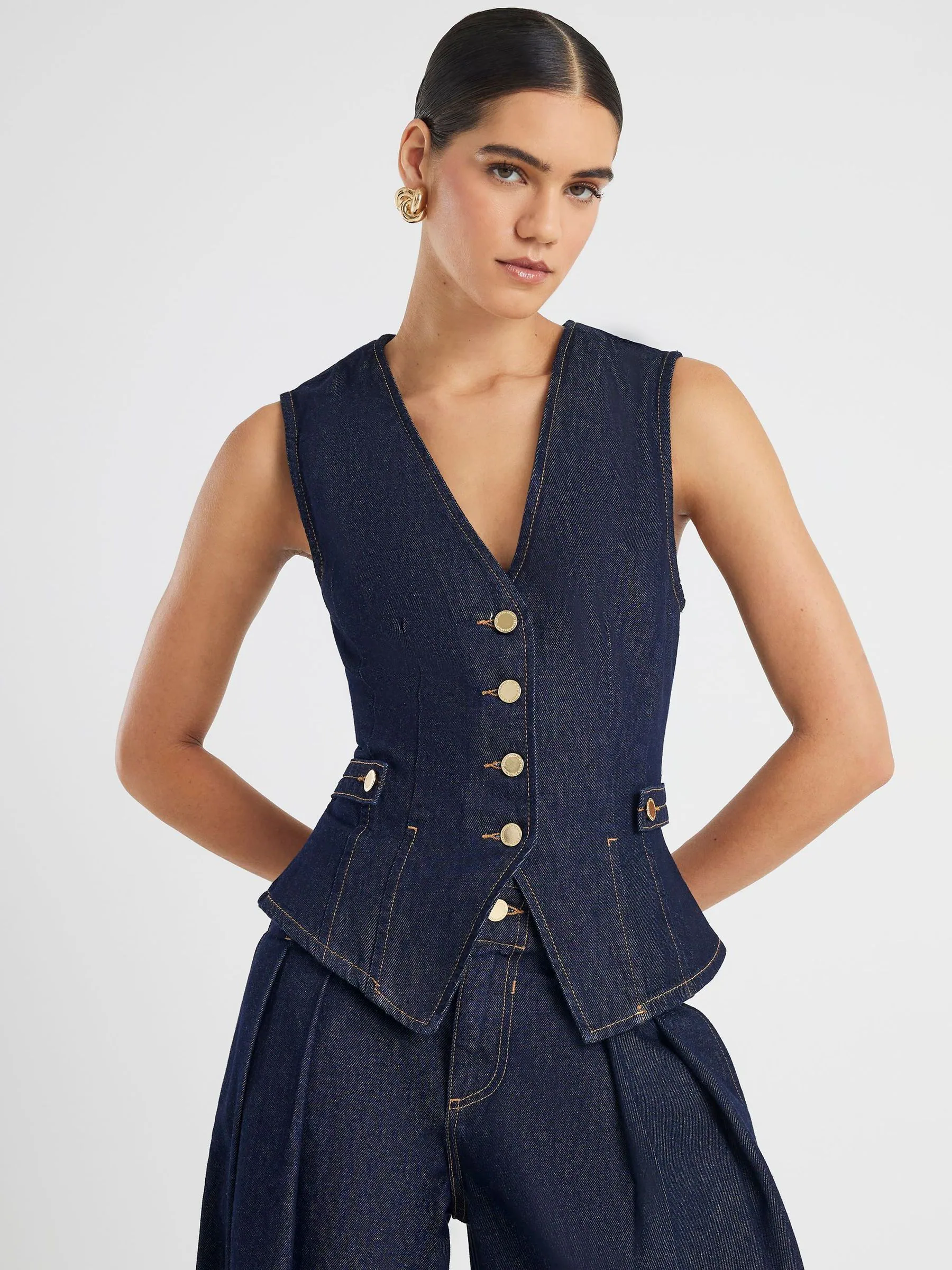 River Island Fitted Tab Detail Denim Waistcoat