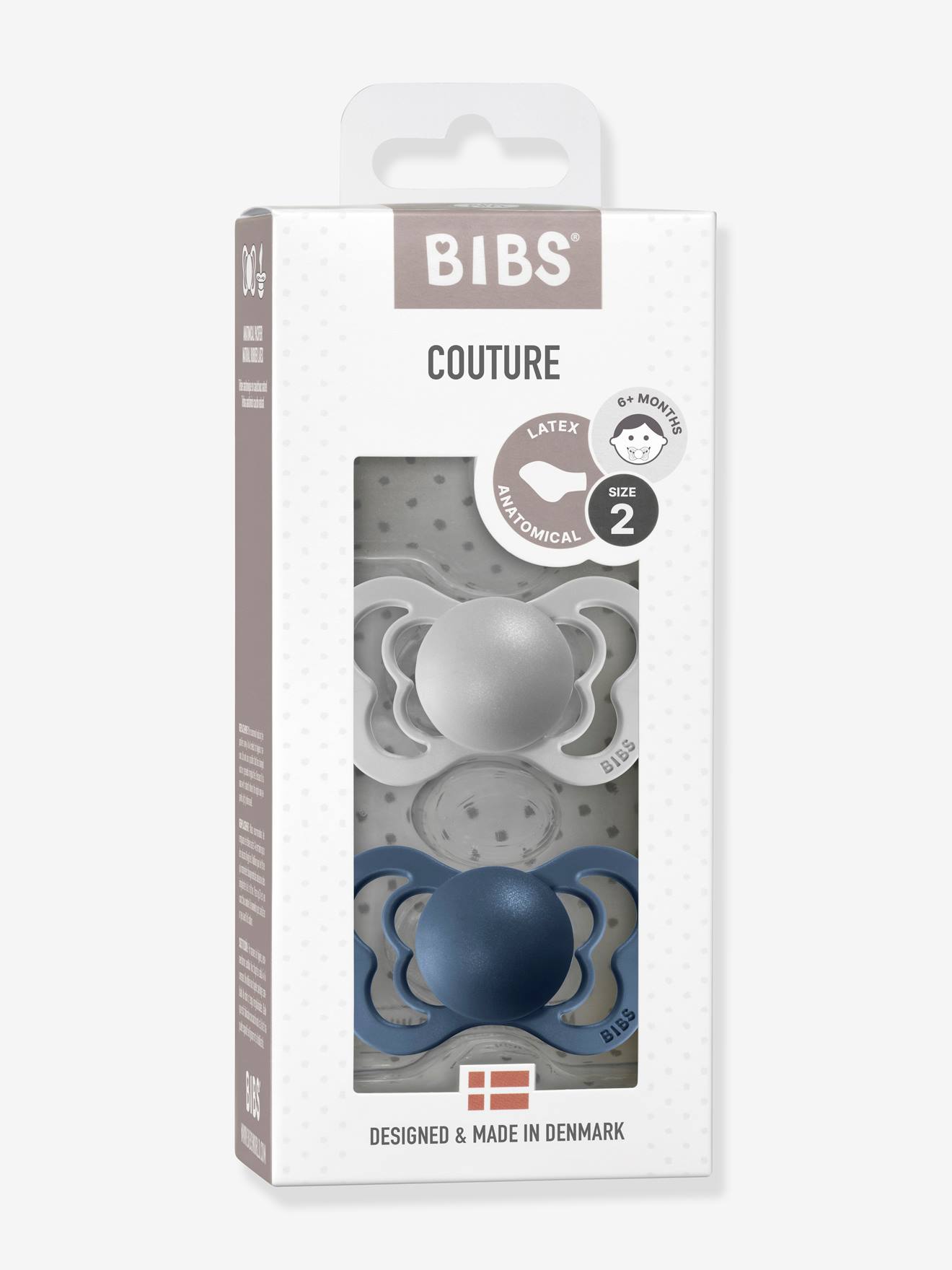 Pacote com 2 chupetas BIBS Couture, tamanho 2, para bebês de 6 a 18 meses, cinza claro, bicolor/multicoloridas.