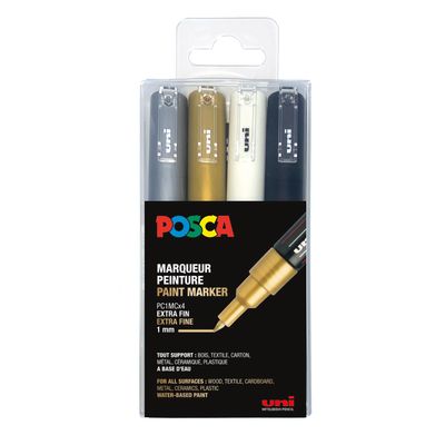 POSCA PC- 1MC - 4 Marqueurs - noir, argent, blanc, or - 1 mm