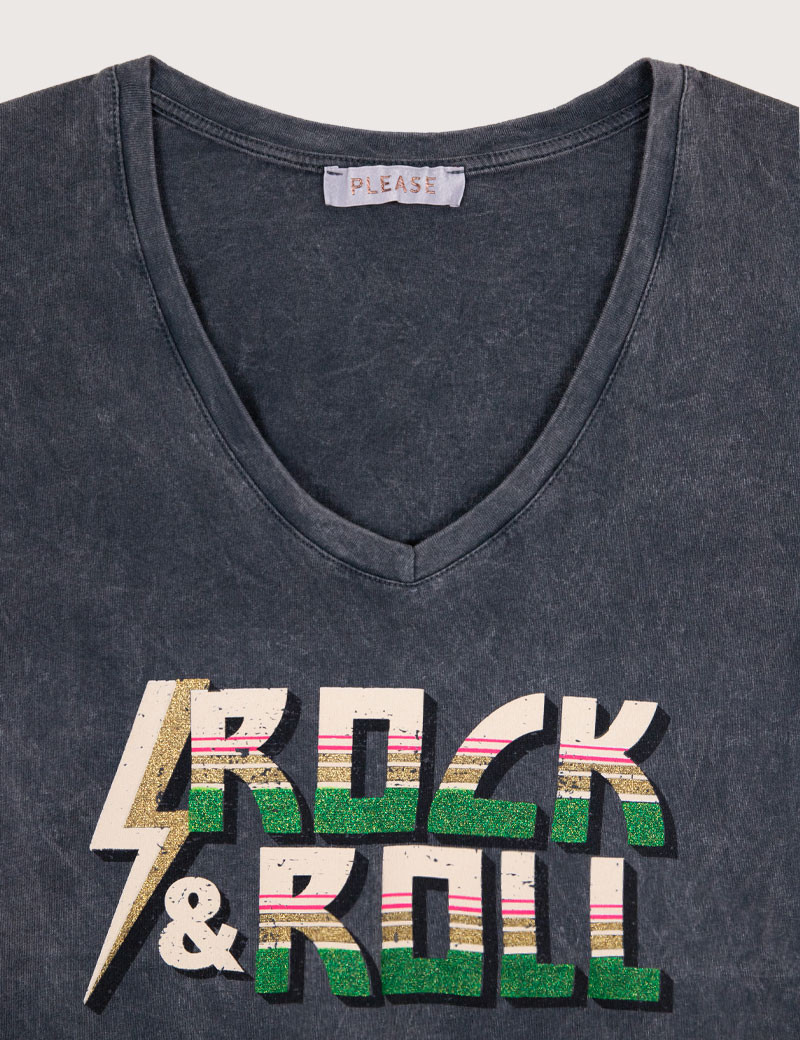 PLEASE T-SHIRT MANCHES COURTES ROCK'N'ROLL NOIR