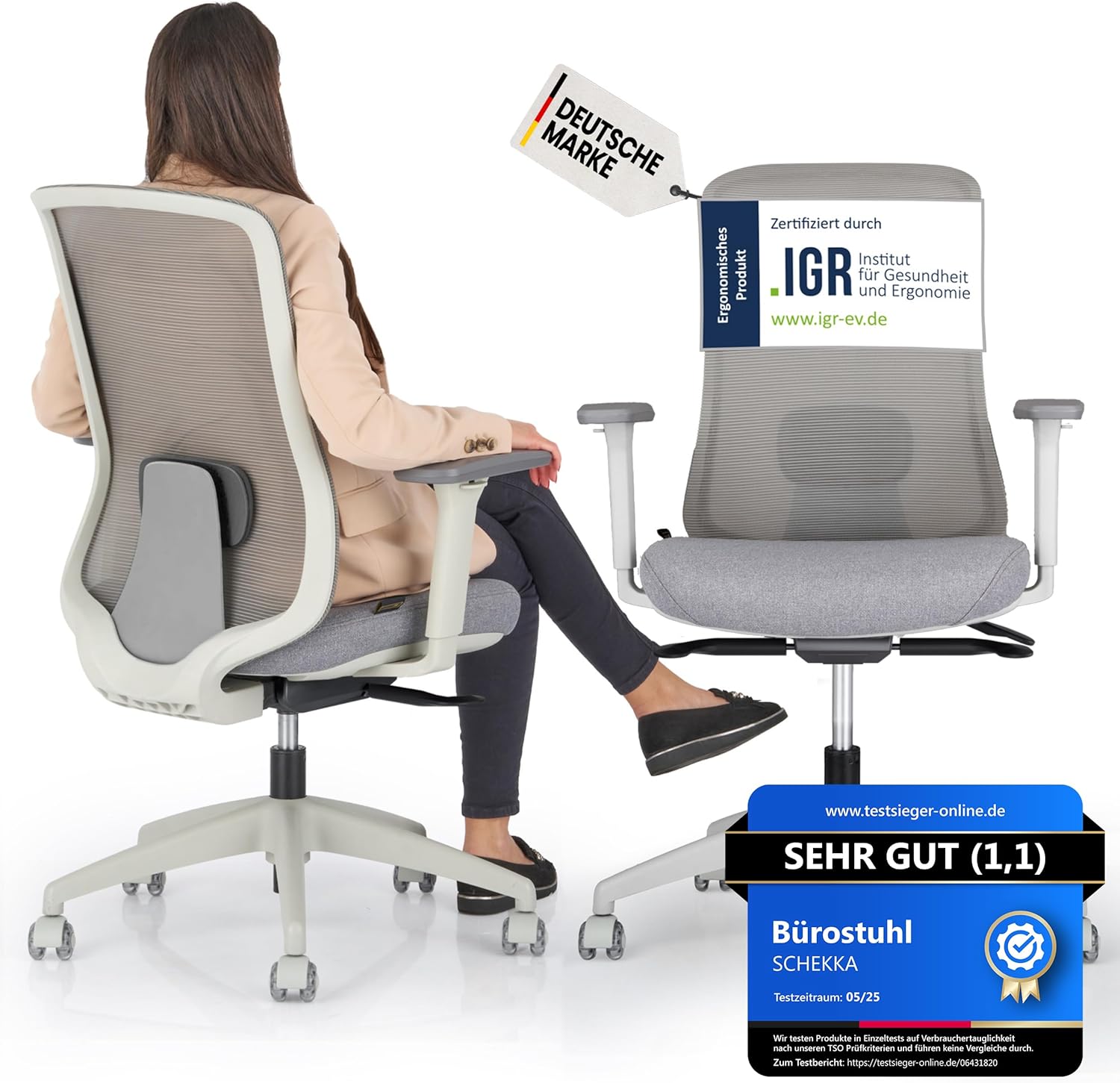 Bürostuhl Ergonomisch Testsieger - Besonders individuell Einstellbarer Schreibtischstuhl mit Lordosenstütze, 3D Armlehnen & atmungsaktives Mesh - Bürostuhl 150 kg (Hellgrau/Grau)