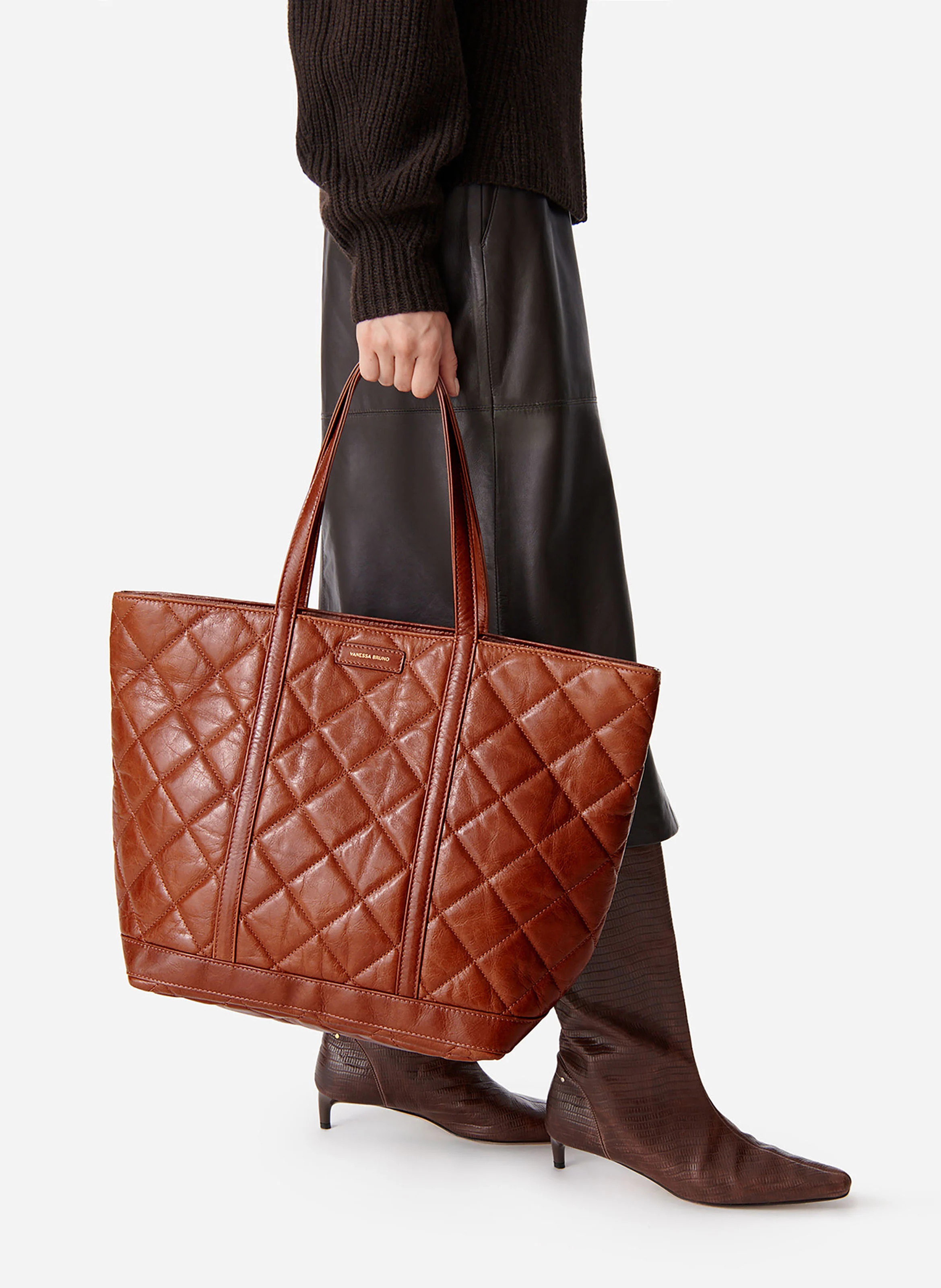 Cabas XL en cuir matelassé | Marron