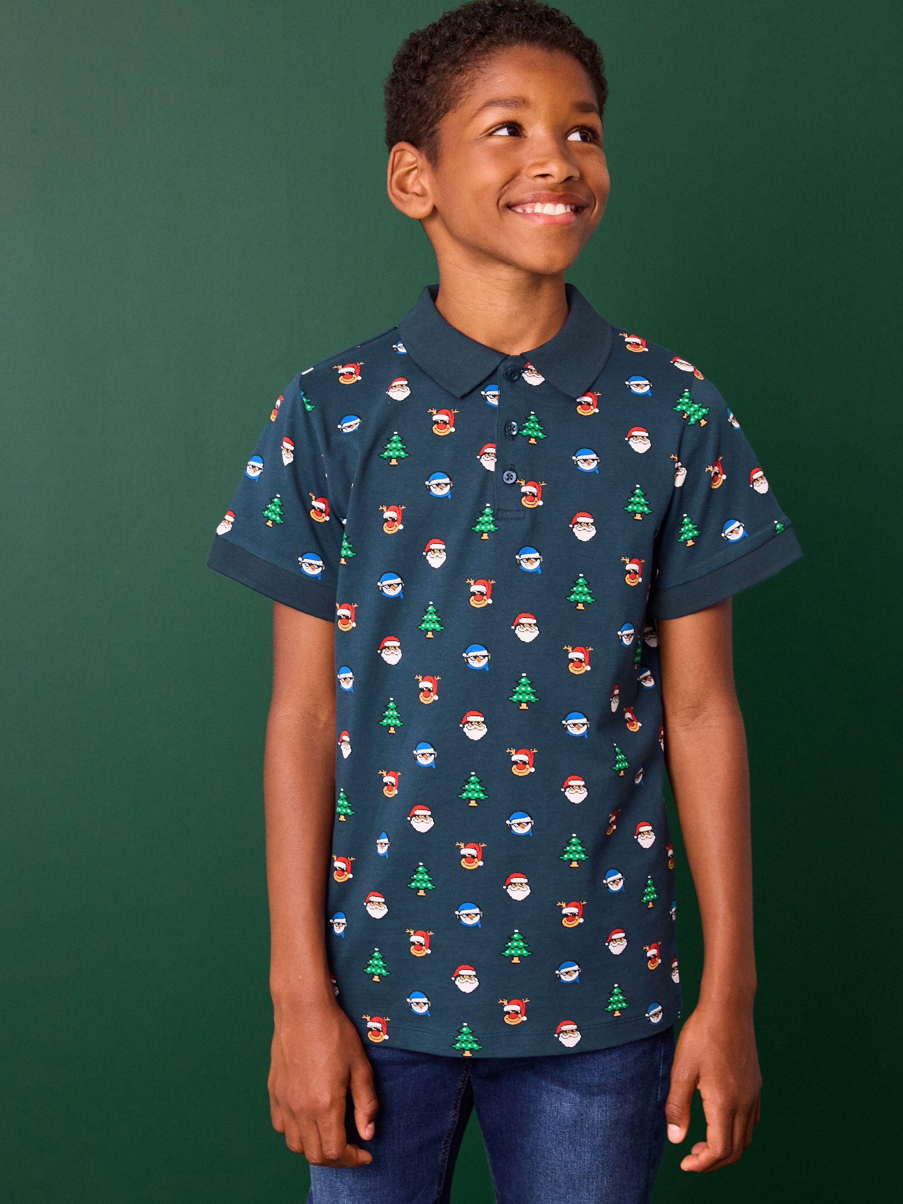 Donkerblauw - Kerstmis poloshirt met korte mouwen van 100% katoen (3-16jaar)