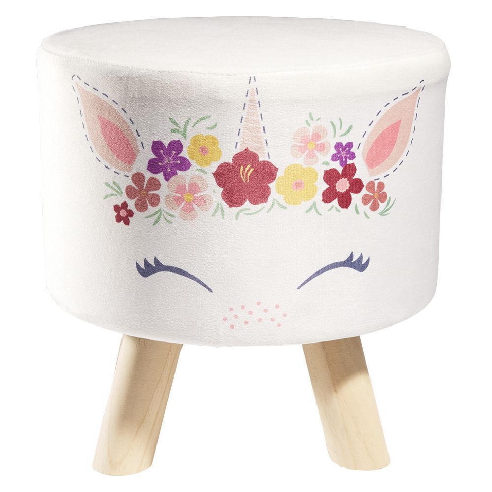 Pouf enfant motif licorne fleur blanc et rose Ø30xH30cm