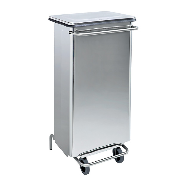 Conteneur inox mobile à pédale avec prise frontale, 110 litres