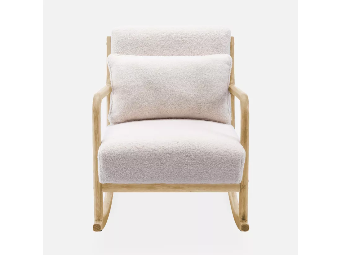 Fauteuil à bascule design en bois et tissu. bouclettes blanches. 1 place. rocking chair scandinave