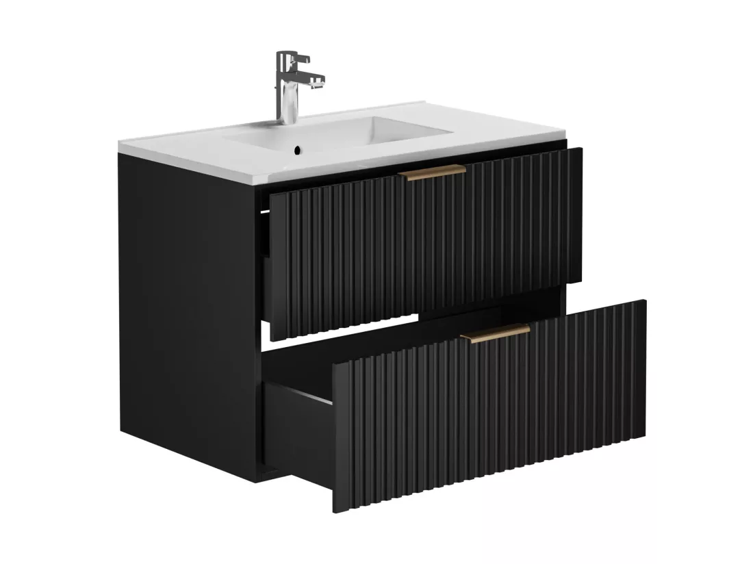 Meuble de salle de bain suspendu strié avec vasque à encastrer - Noir - 80 cm - ZEVARA